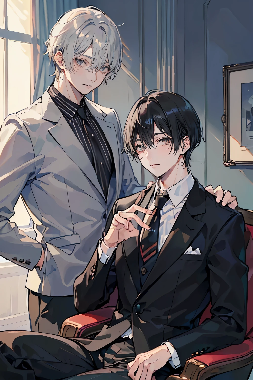 (Mastepiece), (Best Quality), Very detailed, (((Two friendly men:1.5))), Perfect Face, Beautiful Face, Very detailedな顔，(Black-haired man:1.3)，(Grey-haired man:1.3)，Boys&#39; Room、Plain loose T-shirt