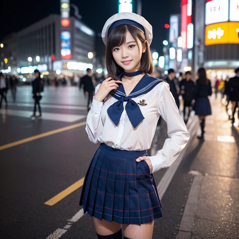 (a gorgeous Asian lady, age 20s, standing with hands in hip, at Shibuya Crossing Tokyo, the beauty of emptiness under night sky. She's dressed in Japanese Highschool Uniform, silver digital neck choker, white blouse with a sailor-style collar, a blue pleated skirt, feminine_pure_natural, Serafuku, Seifuku, Sailor Uniform, JK Uniform, Buttons, Red Ribbon, Red Tie, Red Neckties, Red Bolo Ties, Red Neckerchiefs, Red Bows, Sailor Collar, Sailor Hat, Western-style plaid skirts, knee-high socks, blue blazers, blue vests, beautiful detailed face, beautiful detailed eyes, dimpled smile, kind & friendly smile, short straight hair, bob hair, ponytail, black_medium_length_hair_and_bangs, cute snaggletooth, ample round bosom, strengthened chest, Fit & Healthy body proportion, photorealistic, hyper-realism, high contrast, ultra HD, realistic skin textures, top image quality, top-quality, super high resolution, fine details, very meticulously, bokeh background, full_body-shot, vivid colours, masterpiece) #aliceinborderland
