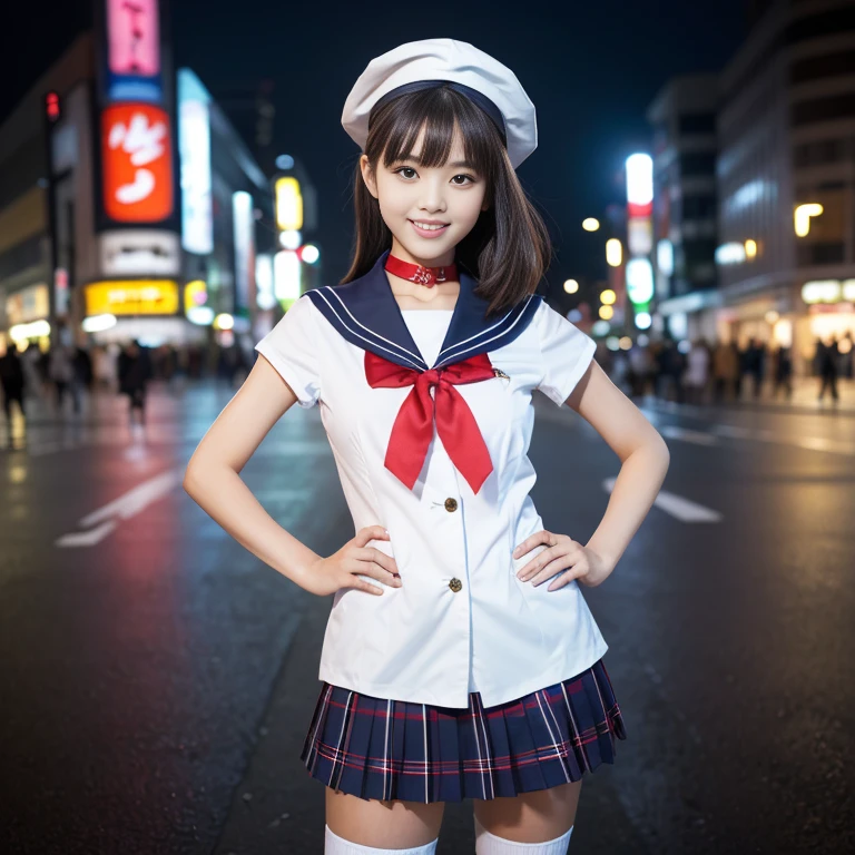 (a gorgeous Asian lady, age 20s, standing with hands in hip, at Shibuya Crossing Tokyo, the beauty of emptiness under night sky. She's dressed in Japanese Highschool Uniform, silver digital neck choker, white blouse with a sailor-style collar, a blue pleated skirt, feminine_pure_natural, Serafuku, Seifuku, Sailor Uniform, JK Uniform, Buttons, Red Ribbon, Red Tie, Red Neckties, Red Bolo Ties, Red Neckerchiefs, Red Bows, Sailor Collar, Sailor Hat, Western-style plaid skirts, knee-high socks, blue blazers, blue vests, beautiful detailed face, beautiful detailed eyes, dimpled smile, kind & friendly smile, short straight hair, bob hair, ponytail, black_medium_length_hair_and_bangs, cute snaggletooth, ample round bosom, strengthened chest, Fit & Healthy body proportion, photorealistic, hyper-realism, high contrast, ultra HD, realistic skin textures, top image quality, top-quality, super high resolution, fine details, very meticulously, bokeh background, full_body-shot, vivid colours, masterpiece) #aliceinborderland