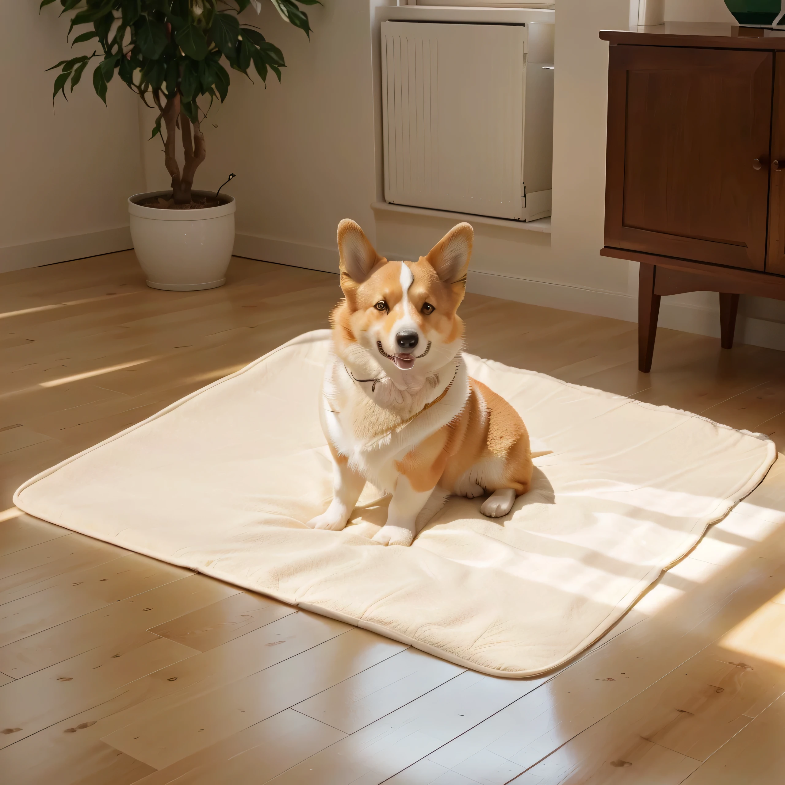 There is a Corgi sitting on a thin beige diaper blanket in the room, Neat Beige Diaper Blanket,Wrinkle-free diaper blanket,puppy, , Corgi, product photo, Ultra-high quality, Designed for comfort and aesthetics!, Large Portrait, Bright morning light, translucent, Soft and warm, Sunshine,The sunlight shines on the beige diaper blanket to create natural light and shadow