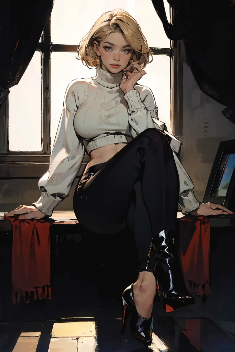 (best quality, 4K, high resolution, masterpiece:1.2), Extremely detailed, Practical (photo-Practical:1.37), 40 years old, Russian women, Mafia gang matriarch, Ambitious, grace, calm, charming, Intimidation, (Blonde Hair, 强force高马尾发型), Perfect lashes, Perfect makeup, Tanned skin, 富有表现force的蓝眼睛, Wine lips, 成人的魅force, force, Perfect hourglass figure, Long legs, Flat belly, Perfectly rounded E cup breasts, very high, Slim, With peach-colored buttocks, ((Wearing a long-sleeved turtleneck sweater,Wear it with black pants)), ((Long lacquered high heel boots)), Luxury penthouse in the background.