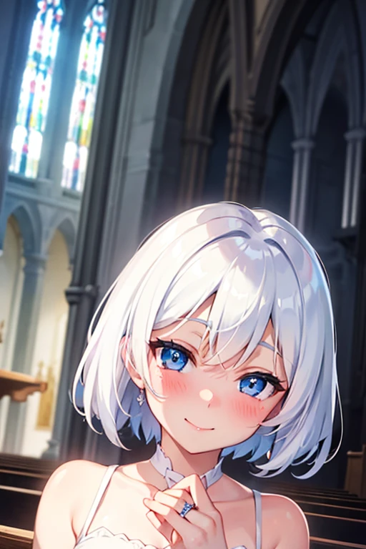 White cat ear girl,Short Hair,Blue Eyes,Wedding dress,church,Blushing,Gazing at you,ring,little smile,masterpiece,shiny skin,