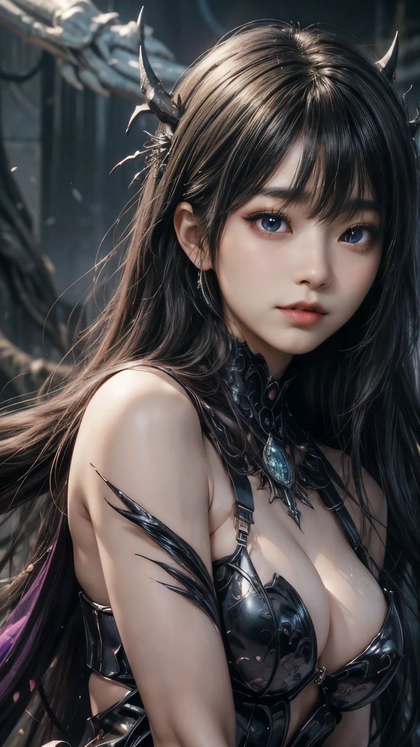 (Highest quality,4K,8k,High resolution,masterpiece:1.2), Very detailed, (Realistic,photoRealistic,photo-Realistic:1.37),(Beautiful attention to detail, Beautiful lip detail, Very detailed目と顔, Long eyelashes), ),(Fatal Beauty,Attractive beauty) ,(A supple and powerful physique),(Sensual charm),(Mysterious charm:1.1),(Captivating silhouette),Studio Lighting,Physically Based Rendering,Vibrant colors, 強力なスーパーevil女ズアップでポーズをとる, Black Goddess (Expose your shoulders), length, Flowing purple hair, View your viewers, Very detailed顔, Perfect hands, Blue smoke swirling around her, evil事を愛する, Captivating blue eyes, Dark fantasy, , realistic girl rendering, 8k 芸術的なドイツのボケ, Enchanting girl, Real Girls, Gurwitz, Gurwitz-style artwork, Girl Roleplay, Realistic 3D style, cgstation Popular Topics,, 8kポートレートレンダリング,(truth,truth:1.4)、Genuine, Symmetric, Attention to detail, Esoteric arachnids lady, Spider Queen Elise, League of Legends, Esoteric arachnids, Combat Stance, ( The body is made with liquid metallic paint in metallic mauve and metallic black.....、It beautifully depicts the female form.......。), length, Sharp Fangs, nature, ((Complex metallic colors decorate the foreground)), (( Fluid Mechanics, The most beautiful smooth scale face makeup, Smirking expression)) - Dark blood, Onyxia、Noir painting of a beautiful young witch, length purple hair, dark purple lips, evil, evil女, smile, Black Prom Dress, She is coming to you, close, Bright Blue Eyes, Surrounded by swirling pink smoke, Genuine, Attention to detail, Highest quality、、A beastly demon wields a vicious blade, Blood Chain, Behemoth Bones, Snake-like tentacles, Cruel Teeth, Expressions of madness, Oppressive Dungeon. 8kビジョンが恐怖を露呈, Ultra HD detail makes monsters stand out, Grotesque shadows dance, The creature whispers, Stifling atmosphere, Vision problems, Visible Madness. blade, A flash of evil intent shines, reflect (Light) Beyond the Darkness, Elucidate (Sharp details) and、Add a dizzying dimension to the impending chaos.
