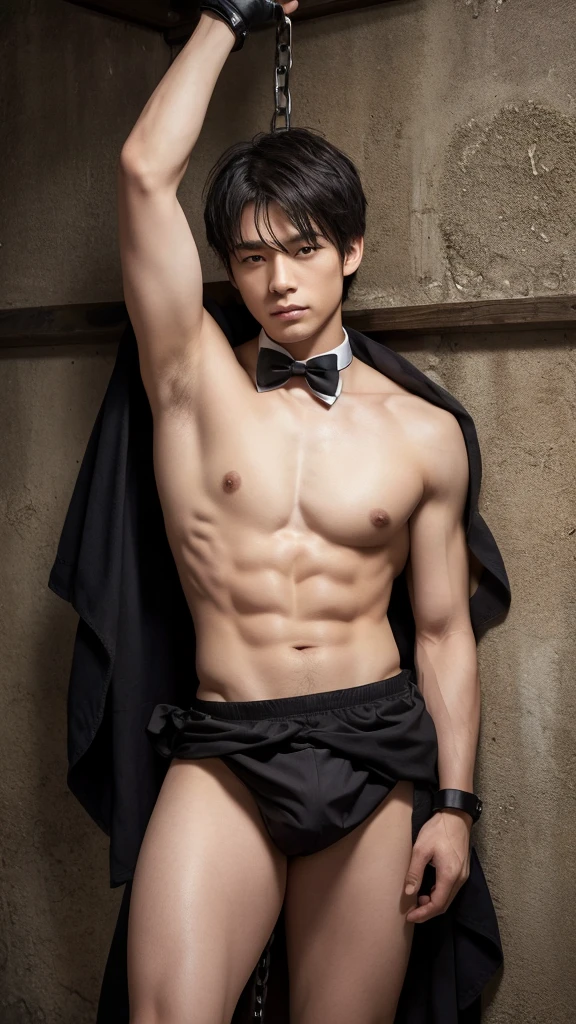 Highest quality, masterpiece, Ultra-high resolution, (Realistic: 1.4), Original photo, wallpaper, Head Photo, skin, Simple Background, iris, detailed, Underground Prison, Crucifixion,male,Half naked, Japanese,Age 27,carpenter,chest plate is thick,7:3 parting,Fair skin, Black bow tie, Black trunks,Shackles at both wrists,Leg spread,damp armpit