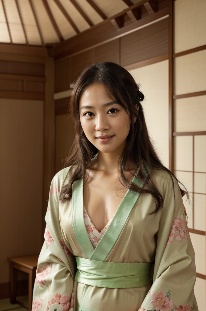 best quality, face focus, (depth of field) ,ultra high res, (photorealistic:1.4), RAW photo, Japanese-style room, alcove, hanging scroll
(portrait:1.4)
1japanese girl, solo, cute, smile, (brown eyes), natural face, (midi hair), 
(kimono:1.5)
