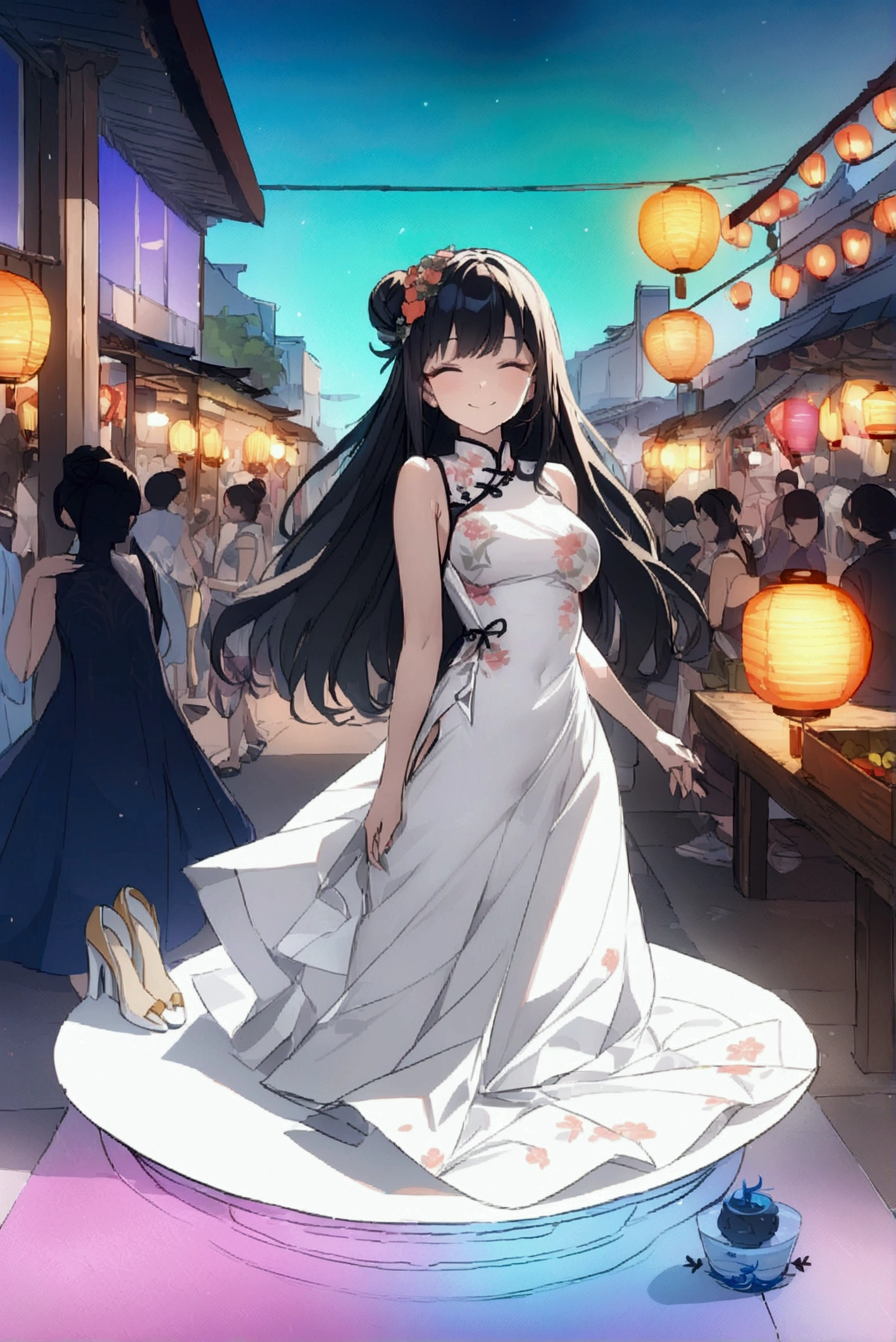 (best quality,8K,high resolution, masterpiece:1.2), (Anime style),Extremely detailed, HDR, Ultra HD, Studio Lighting, Super Fine, Clear focus, Physically Based Rendering, Extremely detailed的描述, professional, Bright colors, Bokeh, portrait, Concept Artist, Warm colors, Dramatic Lighting,Summer Night Out,1. Beautiful woman,(Sleeveless cheongsam),Hair Bun, A bright smile, Close your eyes, (Summer city landscape with many festivals and markets),(Beautiful hair, Radiant Skin,)(Silhouette of people passing by),(Anime style)
