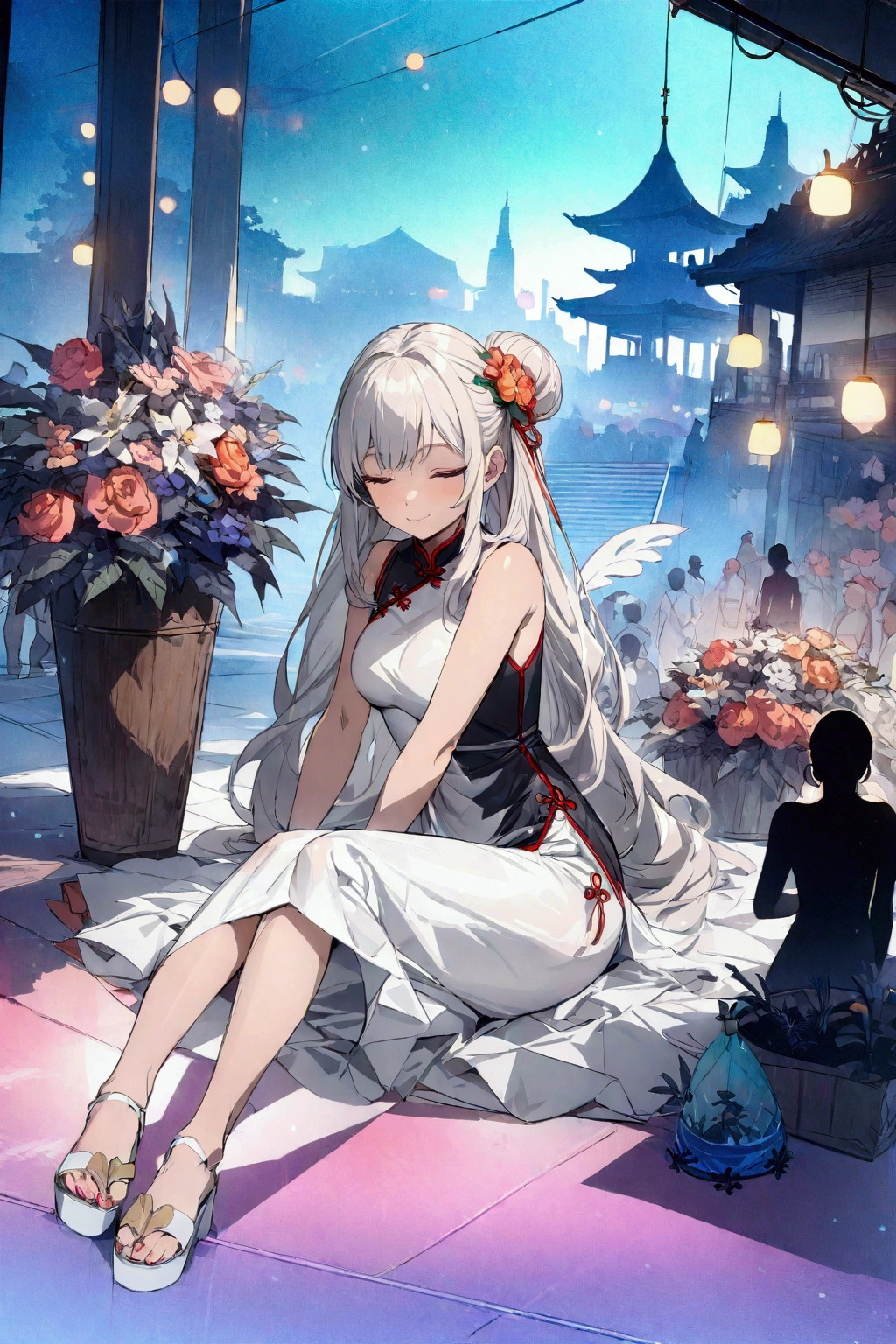 (best quality,8K,high resolution, masterpiece:1.2), (Anime style),Extremely detailed, HDR, Ultra HD, Studio Lighting, Super Fine, Clear focus, Physically Based Rendering, Extremely detailed的描述, professional, Bright colors, Bokeh, portrait, Concept Artist, Warm colors, Dramatic Lighting,Summer Night Out,1. Beautiful woman,(Sleeveless cheongsam),Hair Bun, A bright smile, Close your eyes, (Summer city landscape with many festivals and markets),(Beautiful hair, Radiant Skin,)(Silhouette of people passing by),(Anime style)