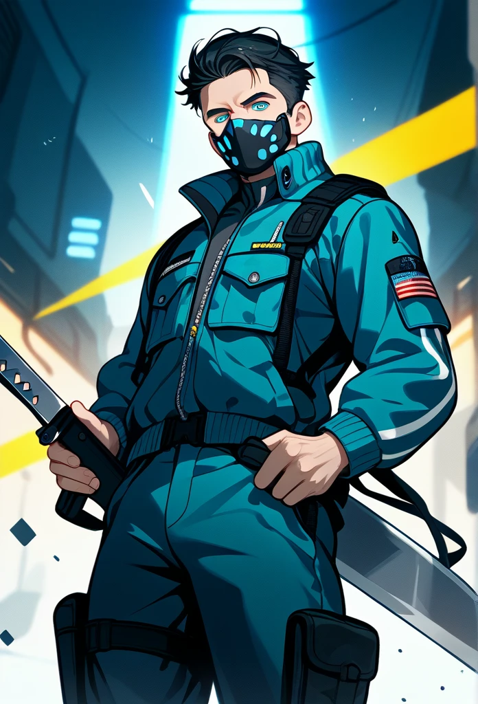 masterpiece, best quality, mature male, (full mask), short hair, black hair, spiky hair, (sharp eyes, cool eyes, azure eyes), mature body, muscular body, (operative clothing), black tactical jacket, tactical pants, underground basement, (holding machete)