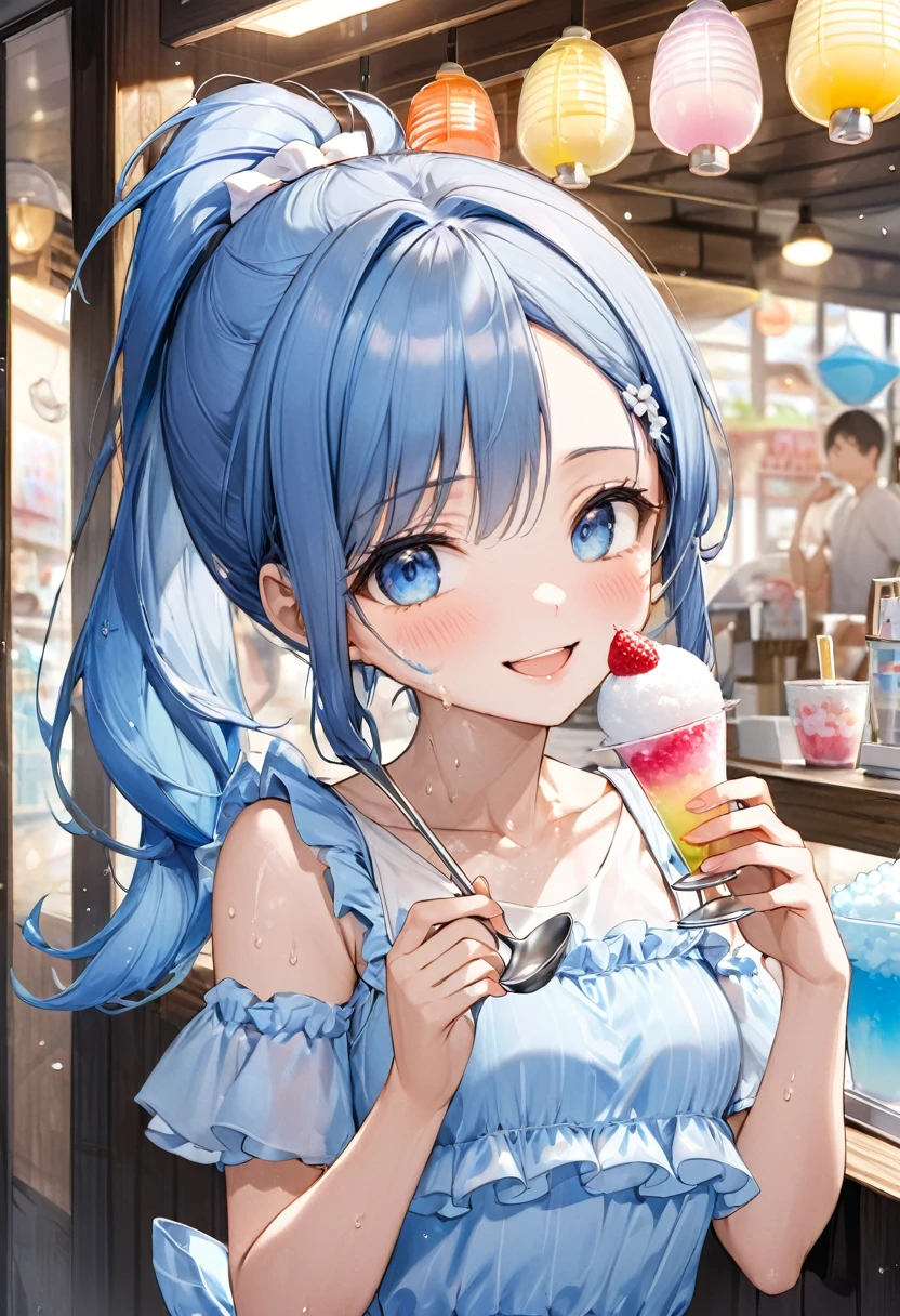 (sweaty skin style), (solo:2, 15 yo), (beautiful forehead:1.3), ponytail (beautiful detailed blue hair, long hair) (best beautiful girl, cool beautiful blue eyes, glossy lip, best happy smile:1.1, small tits), in a Layered frills cute blue one piece dress), break, in the japanese Shaved Ice Shop, girl is eating shaved Ice, While using a spoon, BREAK, perfect anatomy, masterpiece, best quality, 16k, beautiful detailed summer, daydreaming expression.