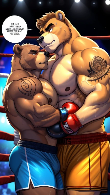 Duo male(Brown Bear vs Brown Bear, handsomes, handsome hairstyle, tails, Thick eyebrows), gay(cuddling embraced, body against body, talking bulshit, on a boxing match), hot(Shirtless), handsomes(They are handsomes, correct anatomy), musculosos(Big muscle bodies, Six packs, muscle abs, big pecs, muscle backs, muscle legs), sweaty(very sweaty wet bodies, shiny sweat), tatuajes(they have tattoos), grumpy(Both have an grumpy expression, grumpy teeths, steaming breath), boxing gloves(They both are wearing boxing gloves), UFC boxers(they both are wearing ufc boxers), Hight resolution, by(Zourik:1.1), comic(comic panels)