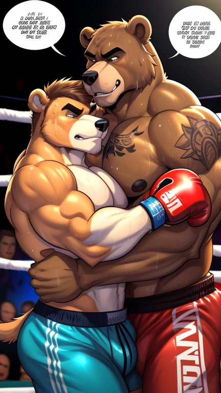Duo male(Brown Bear vs Brown Bear, handsomes, handsome hairstyle, tails, Thick eyebrows), gay(cuddling embraced, body against body, talking bulshit, on a boxing match), hot(Shirtless), handsomes(They are handsomes, correct anatomy), musculosos(Big muscle bodies, Six packs, muscle abs, big pecs, muscle backs, muscle legs), sweaty(very sweaty wet bodies, shiny sweat), tatuajes(they have tattoos), grumpy(Both have an grumpy expression, grumpy teeths, steaming breath), boxing gloves(They both are wearing boxing gloves), UFC boxers(they both are wearing ufc boxers), Hight resolution, by(Zourik:1.1), comic(comic panels)