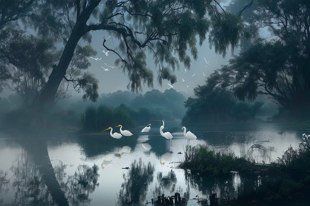 几只egret在有树的池塘里游泳, Mysterious Birds, Nature documentary stills, author Shang Xi, fog and 天鹅 over the river, by Cheng Jiasui, Dreamlike scene, by Zou Zhe, Very beautiful photos, by Wen Zhenheng, by Hu Jieqing, author:Xu Xi, Nature documentary stills, egret,