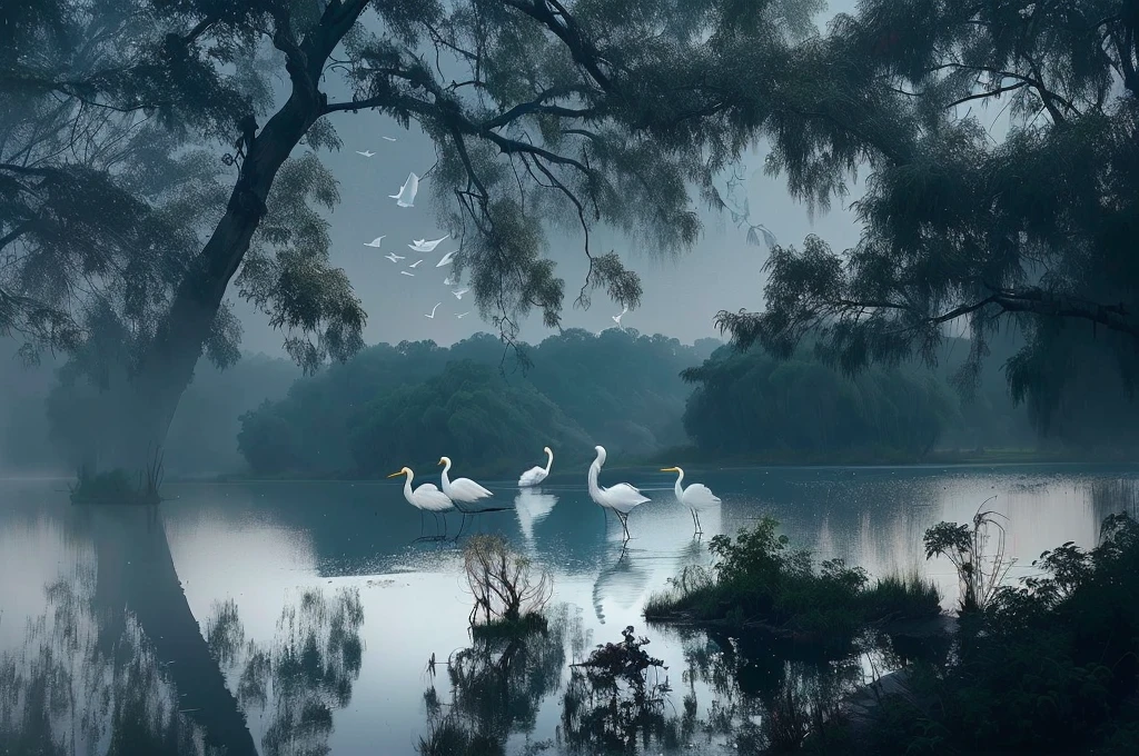 几只egret在有树的池塘里游泳, Mysterious Birds, Nature documentary stills, author Shang Xi, fog and 天鹅 over the river, by Cheng Jiasui, Dreamlike scene, by Zou Zhe, Very beautiful photos, by Wen Zhenheng, by Hu Jieqing, author：Xu Xi, Nature documentary stills, egret，