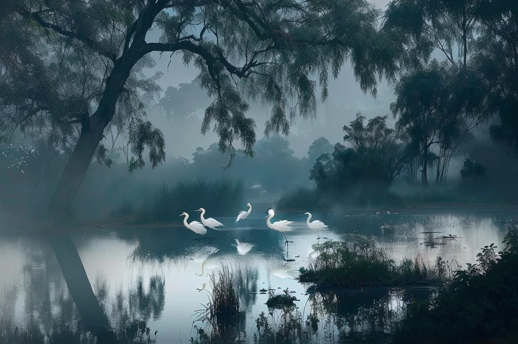 几只egret在有树的池塘里游泳, Mysterious Birds, Nature documentary stills, author Shang Xi, fog and 天鹅 over the river, by Cheng Jiasui, Dreamlike scene, by Zou Zhe, Very beautiful photos, by Wen Zhenheng, by Hu Jieqing, author:Xu Xi, Nature documentary stills, egret,