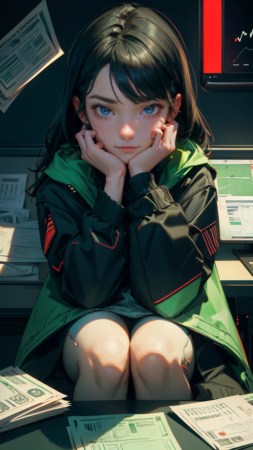 an excited young girl with her hands on her face, sitting in front of a computer screen showing stock market charts and surrounded by papers and money notes. The background is a dark green color, with red lines forming a chart, with "FAvailable" written above it. In the style of Cyberpunk. Use neon colors and dark shadows to create contrast between light and shadow. Make sure that the eye level view makes her look shocked or surprised. she has freckles over his nose