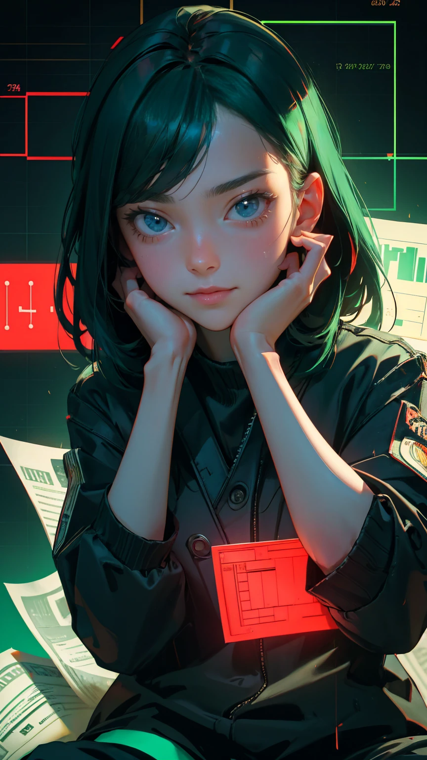 an excited young  girl  with  her  hands on her face, sitting in front of a computer screen showing stock market charts and surrounded by papers and money notes. The background is a dark green color, with red lines forming a chart, with "FAvailable" written above it. In the style of Cyberpunk. Use neon colors and dark shadows to create contrast between light and shadow. Make sure that the eye level view makes her  look shocked or surprised. she has freckles over his nose