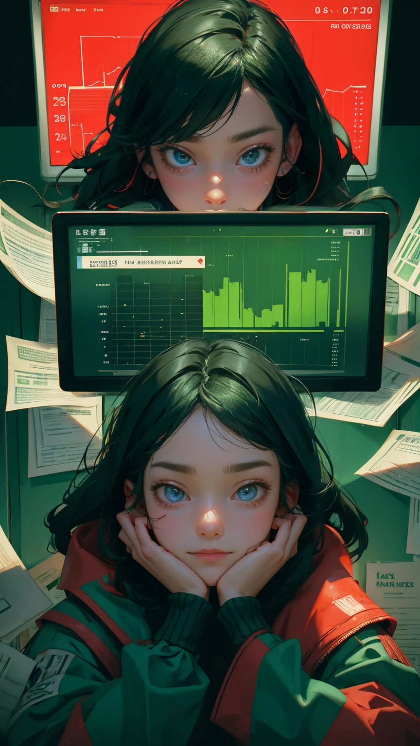 an excited young girl with her hands on her face, sitting in front of a computer screen showing stock market charts and surrounded by papers and money notes. The background is a dark green color, with red lines forming a chart, with "FAvailable" written above it. In the style of Cyberpunk. Use neon colors and dark shadows to create contrast between light and shadow. Make sure that the eye level view makes her look shocked or surprised. she has freckles over his nose