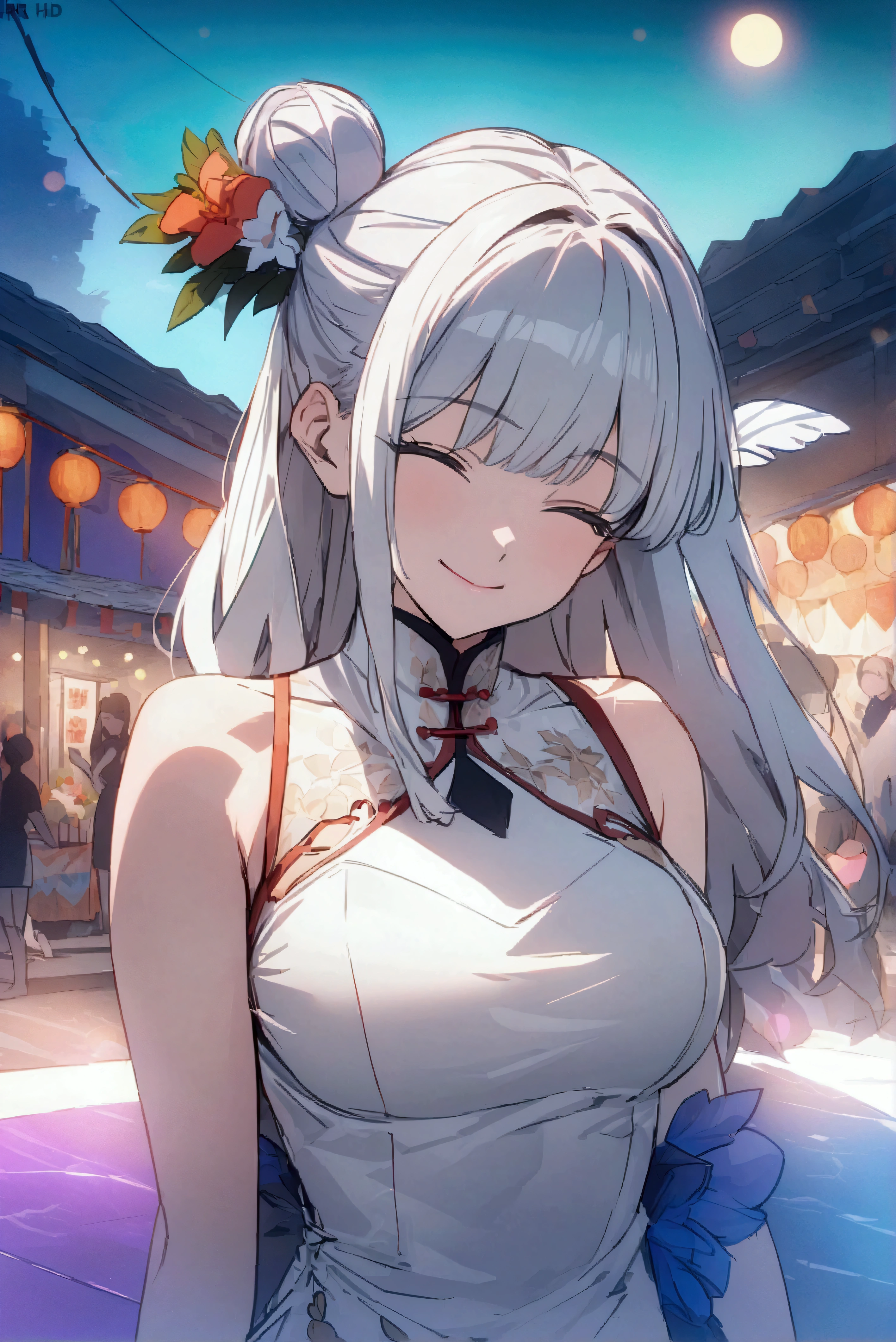 (best quality,8K,high resolution, masterpiece:1.2), (Anime style),Extremely detailed, HDR, Ultra HD, Studio Lighting, Super Fine, Clear focus, Physically Based Rendering, Extremely detailed的描述, professional, Bright colors, Bokeh, portrait, Concept Artist, Warm colors, Dramatic Lighting,Summer Night Out,1. Beautiful woman,(Sleeveless cheongsam),Hair Bun, A bright smile, Close your eyes, (Summer city landscape with many festivals and markets),(Beautiful hair, Radiant Skin,)(Silhouette of people passing by),(Anime style)