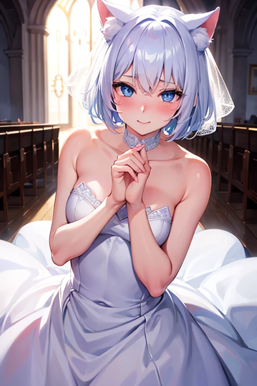 White cat ear girl,Short Hair,Blue Eyes,Wedding dress,church,Blushing,Gazing at you,ring,little smile,masterpiece,super detailed,best quality,shiny skin,