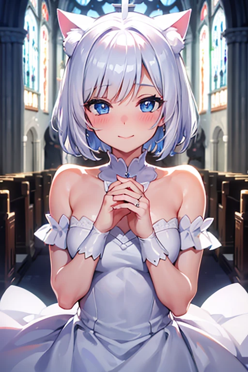 White cat ear girl,Short Hair,Blue Eyes,Wedding dress,church,Blushing,Gazing at you,ring,little smile,masterpiece,super detailed,best quality,shiny skin,