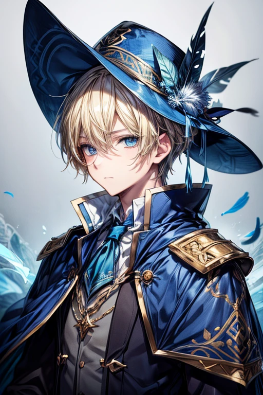 (masterpiece, best quality, perfect face, expressive eyes), 1boy, (anime). (Adult), (male), blonde hair, blue eyes, blue cloak, blue feather hat, blue bard attire, intricate details,