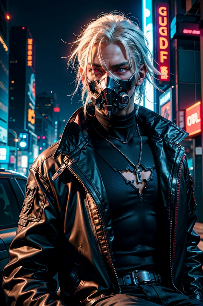 "dark theme :: closeup face focus, ultra realistic futuristic cyberpunk muscular male white hair sitting :: cyberpunk face (cyber eyes) :: cool cybernetic punk jacket red neon eyes :: shirtless:: mechanical intricate mask :: natural lighting :: bokeh :: 8k :: best quality :: masterpiece :: futuristic cityscape background"