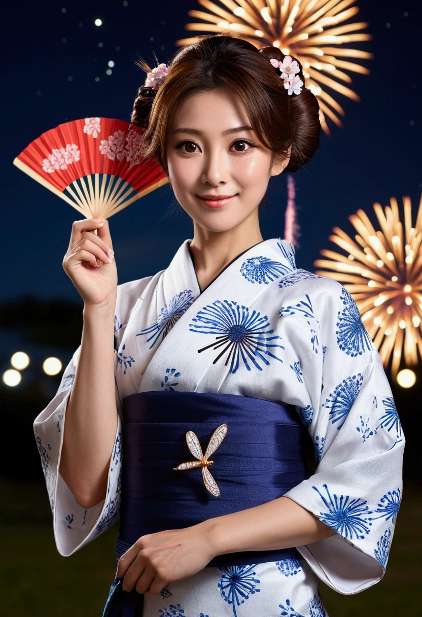 Very detailed, 4-K quality, a mature woman, Japanese beauty, big eyes, slightly upturned, brown eyes, long eyelashes, eyebrows that show strong will, brown hair tied up in a bun, wearing a yukata and holding a fan, the yukata is white with many small dragonfly patterns drawn in navy blue, the obi is dark blue, and there is only one hairpin in the tied hair, summer night, big fireworks can be seen behind her, she looks at us shyly and smiles. There is a friendship bracelet on her wrist.