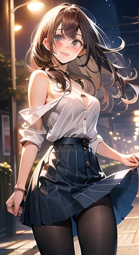 ((masterpiece, Highest quality, High resolution, 超High resolution, Pixel Perfect, Depth of written boundary, 4K, RTTX 10.0, Human Development Report))), One Girl, single, alone, beauty、View the whole body、 ((Long Hair, Short Liuhai, Reddish brown hair)), ((blue eyes, Beautiful eyelashes, Realな目)), ((Detailed face, blush:1.2)), ((Smooth texture:0.75, Real质感:0.65, Real:1.1, Anime CG style)), Large Breasts、, Perfect body, (( White shirt,Open the buttons on your shirt,Expose your breasts,Checked skirt,black tights)), smile, Crouching posture, (The wind blows hair，Exposing shoulders、Expose your breasts、black tights) , Snow falls at night