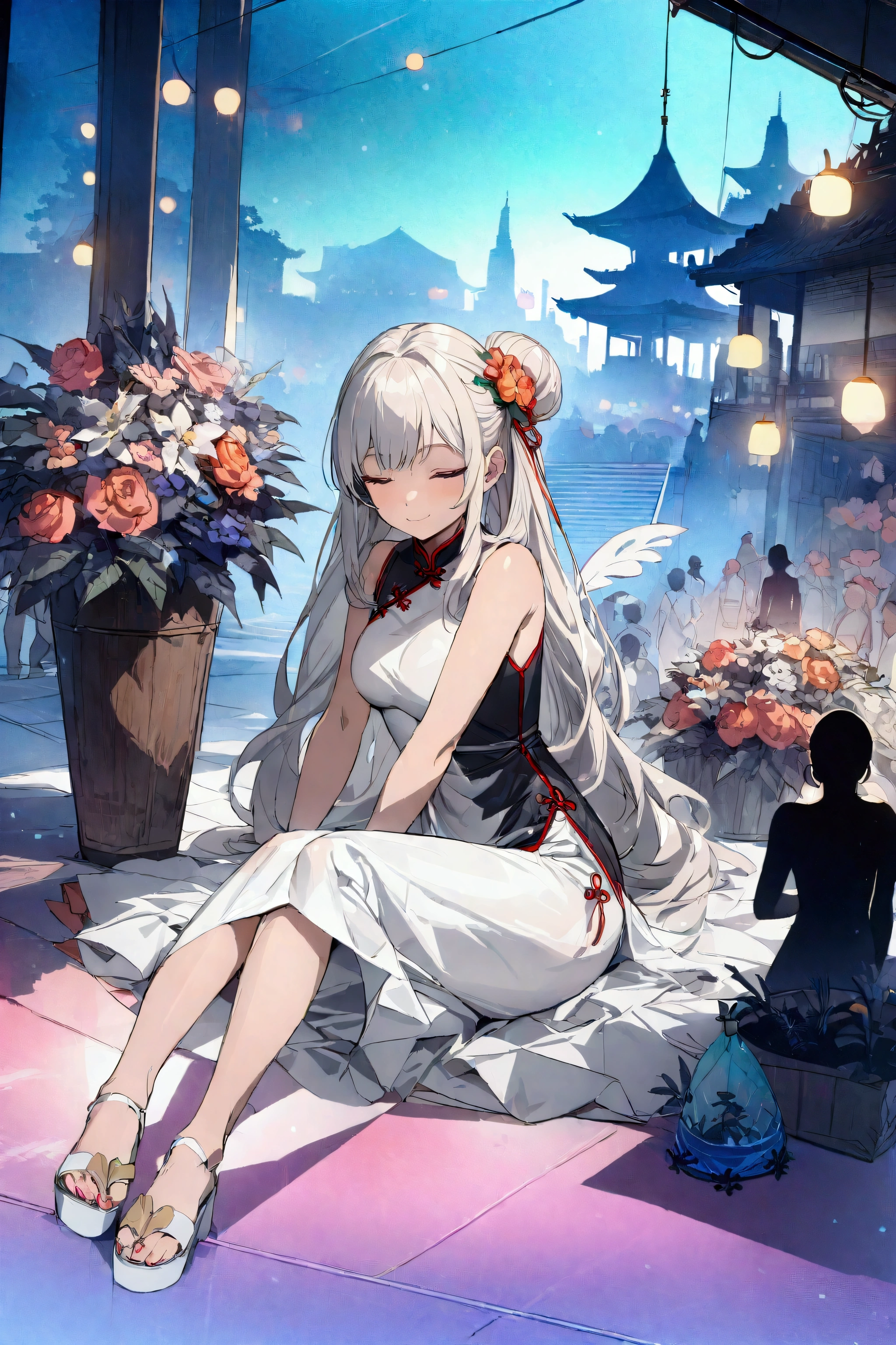 (best quality,8K,high resolution, masterpiece:1.2), (Anime style),Extremely detailed, HDR, Ultra HD, Studio Lighting, Super Fine, Clear focus, Physically Based Rendering, Extremely detailed的描述, professional, Bright colors, Bokeh, portrait, Concept Artist, Warm colors, Dramatic Lighting,Summer Night Out,1. Beautiful woman,(Sleeveless cheongsam),Hair Bun, A bright smile, Close your eyes, (Summer city landscape with many festivals and markets),(Beautiful hair, Radiant Skin,)(Silhouette of people passing by),(Anime style)