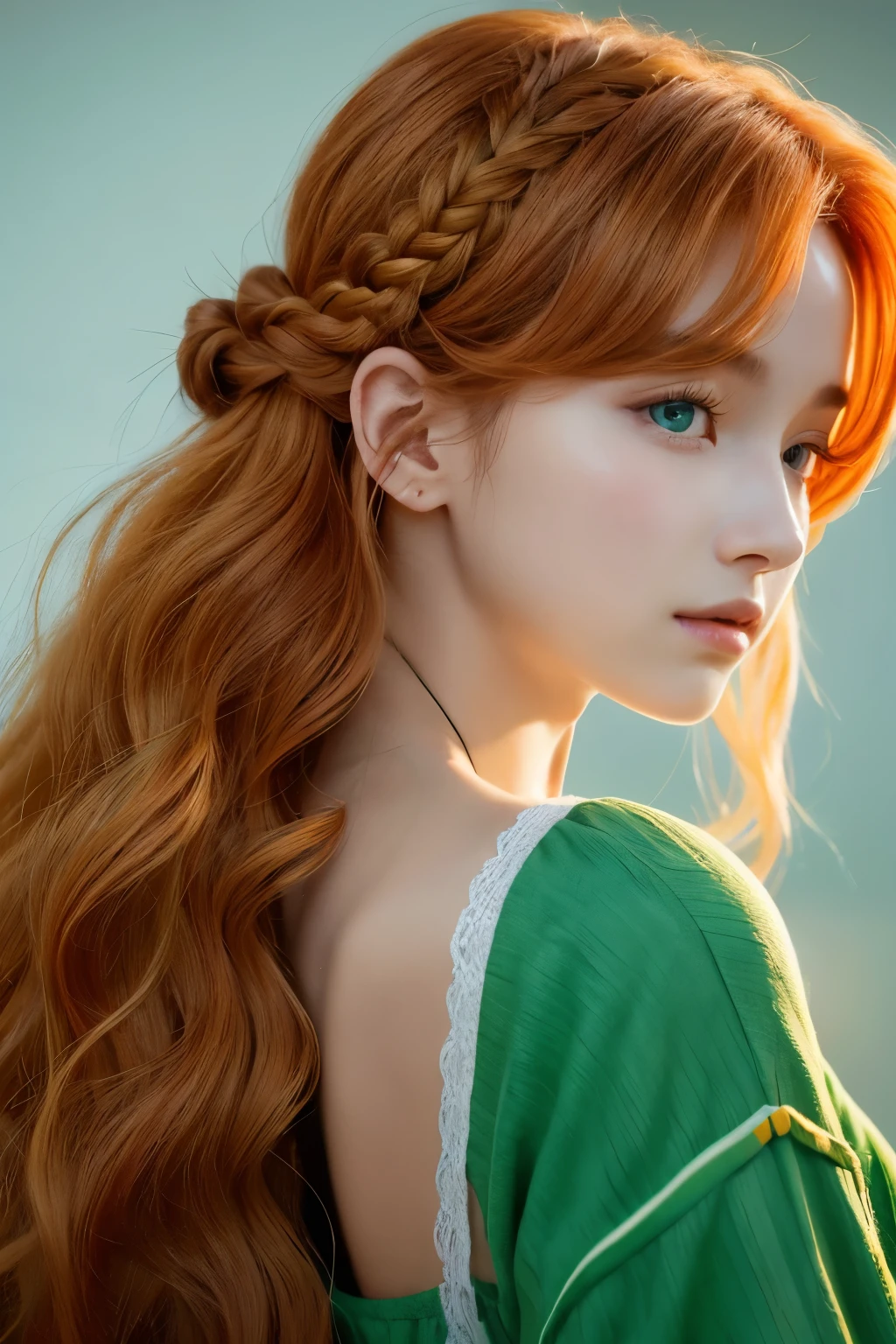 1 Beautiful Boy Her hair is long and curly, reaching down to her shoulders. Her hair is a warm, orange-like color. The front hair is braided on the left sideburn, reaching down to the cheek. The hair is tied back at the bottom Her eyes are clear and her right eye is blue.、The left eye glows green
