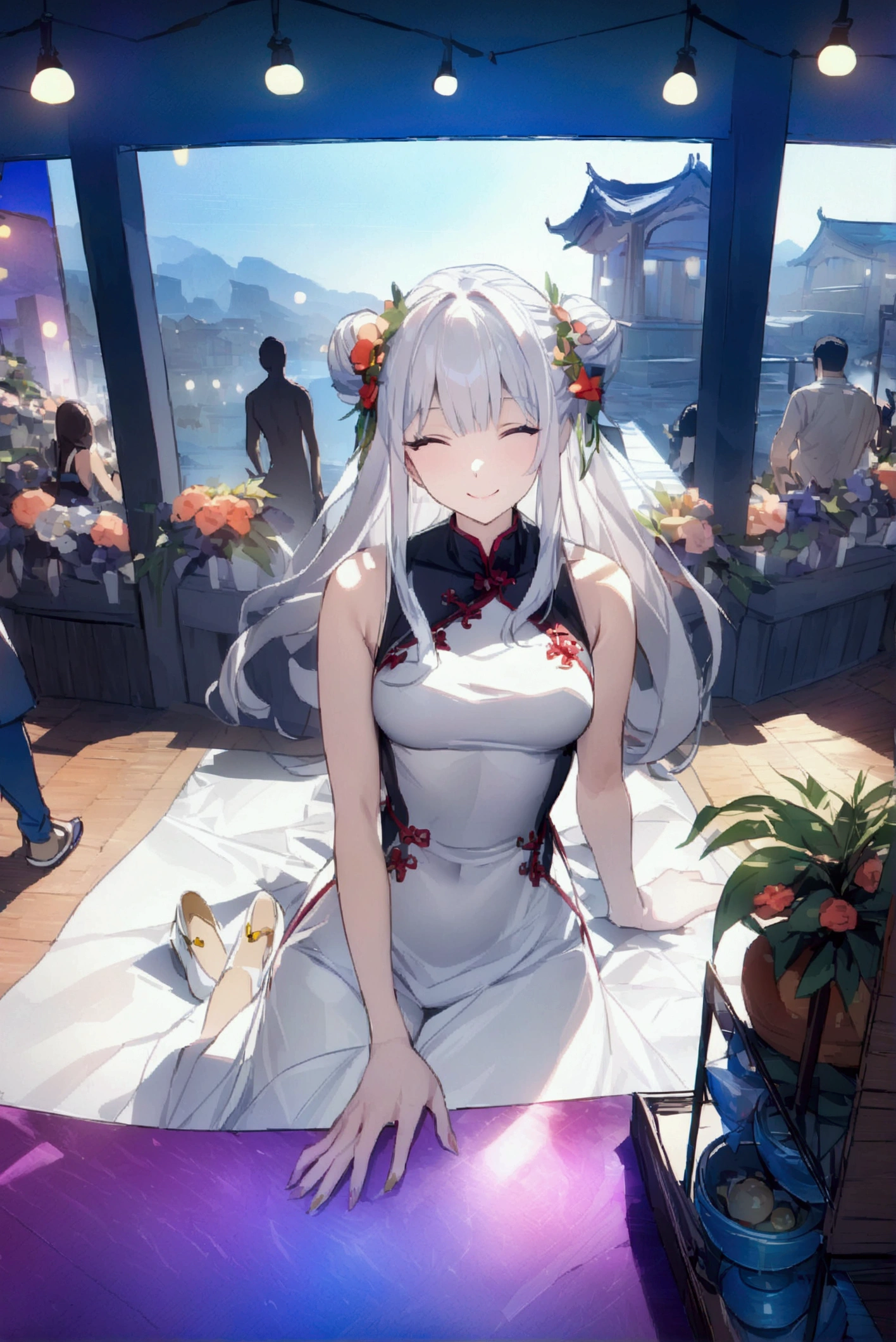 (best quality,8K,high resolution, masterpiece:1.2), (Anime style),Extremely detailed, HDR, Ultra HD, Studio Lighting, Super Fine, Clear focus, Physically Based Rendering, Extremely detailed的描述, professional, Bright colors, Bokeh, portrait, Concept Artist, Warm colors, Dramatic Lighting,Summer Night Out,1. Beautiful woman,(Sleeveless cheongsam),Hair Bun, A bright smile, Close your eyes, (Summer city landscape with many festivals and markets),(Beautiful hair, Radiant Skin,)(Silhouette of people passing by),(Anime style)