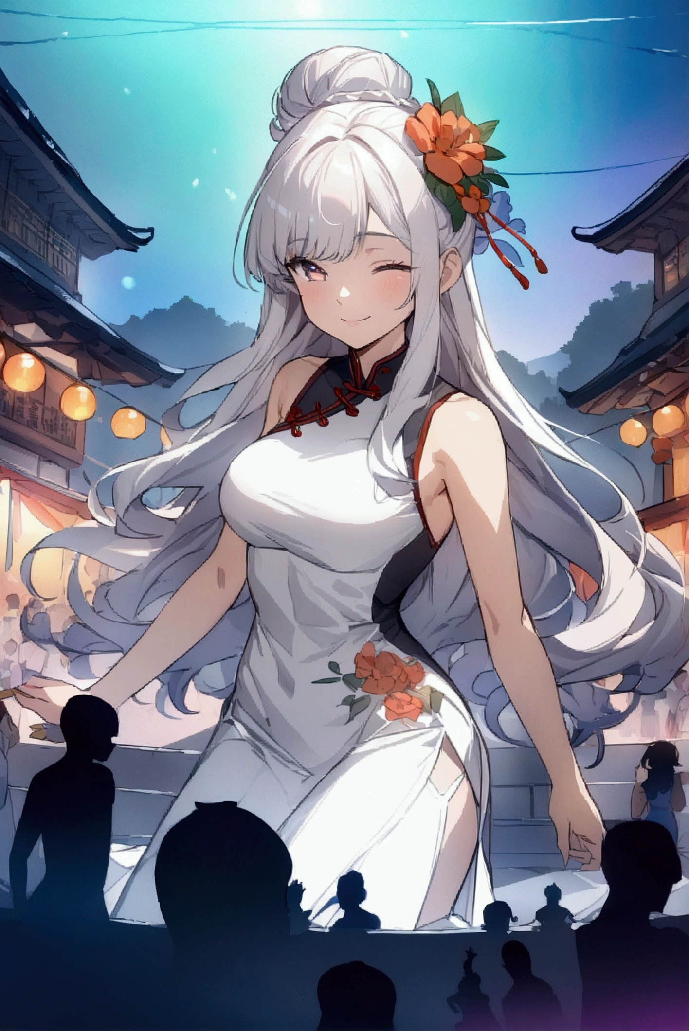(best quality,8K,high resolution, masterpiece:1.2), (Anime style),Extremely detailed, HDR, Ultra HD, Studio Lighting, Super Fine, Clear focus, Physically Based Rendering, Extremely detailed的描述, professional, Bright colors, Bokeh, portrait, Concept Artist, Warm colors, Dramatic Lighting,Summer Night Out,1. Beautiful woman,(Sleeveless cheongsam),Hair Bun, A bright smile, Close your eyes, (Summer city landscape with many festivals and markets),(Beautiful hair, Radiant Skin,)(Silhouette of people passing by),(Anime style)