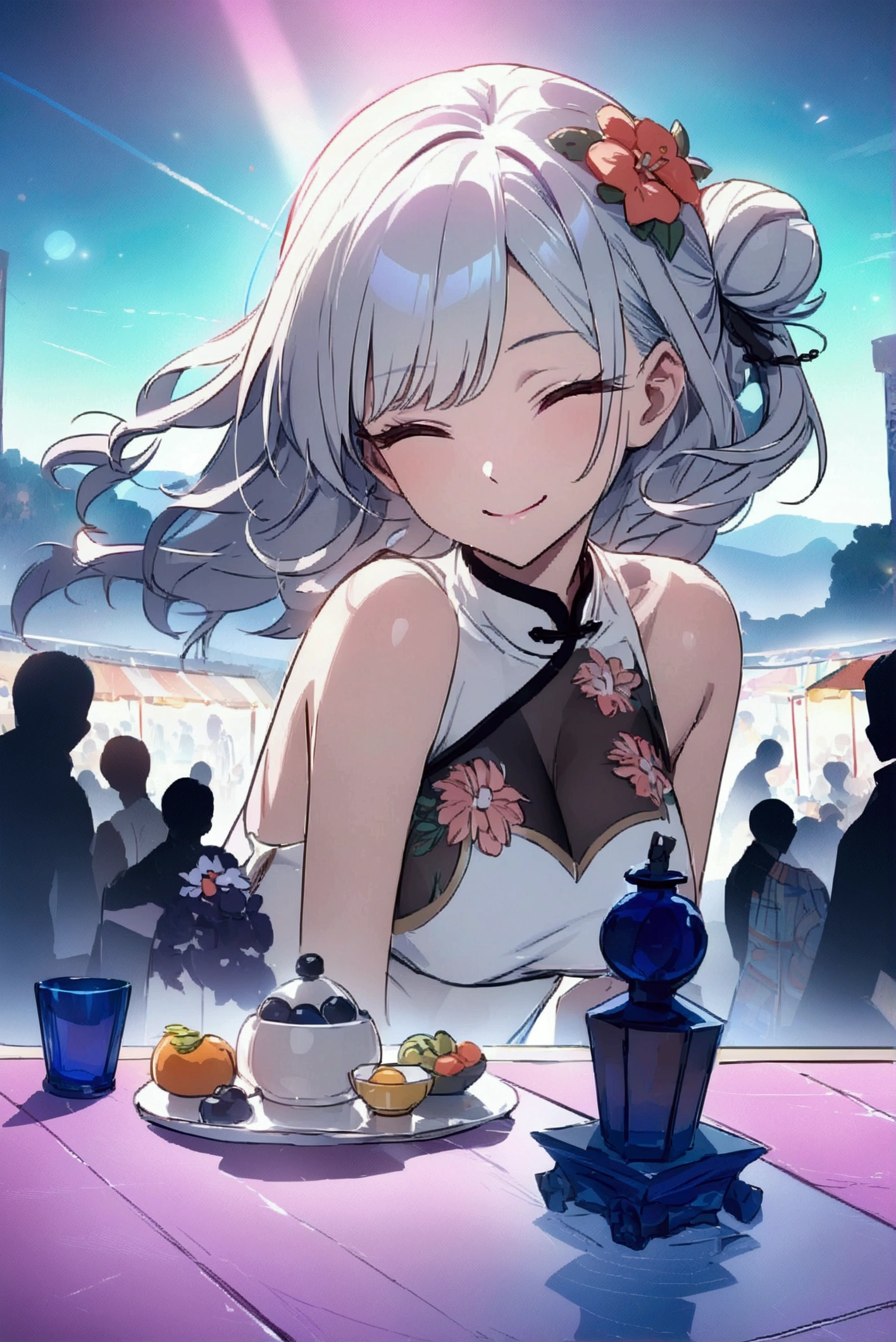 (best quality,8K,high resolution, masterpiece:1.2), (Anime style),Extremely detailed, HDR, Ultra HD, Studio Lighting, Super Fine, Clear focus, Physically Based Rendering, Extremely detailed的描述, professional, Bright colors, Bokeh, portrait, Concept Artist, Warm colors, Dramatic Lighting,Summer Night Out,1. Beautiful woman,(Sleeveless cheongsam),Hair Bun, A bright smile, Close your eyes, (Summer city landscape with many festivals and markets),(Beautiful hair, Radiant Skin,)(Silhouette of people passing by),(Anime style)