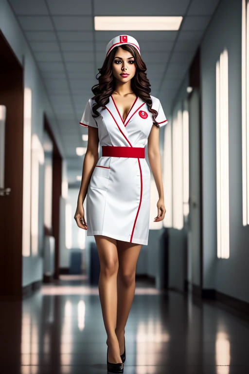 Full body, a nurse cap with red cross symbol, beautiful detailed eyes, beautiful detailed lips, extremely detailed face, longeyelashes, medical uniform, clevage, short skirt, medical equipment, holding a clipboard, standing in a hospital interior with blurred background, professional, photorealistic, cinematic lighting, epic, dramatic, intricate details, highly detailed, masterpiece, 8k