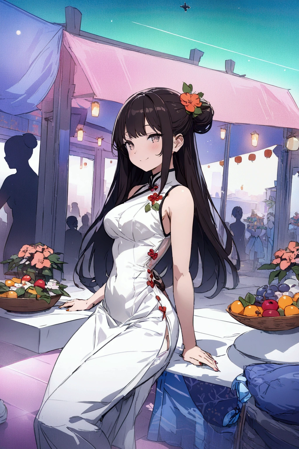 (best quality,8K,high resolution, masterpiece:1.2), (Anime style),Extremely detailed, HDR, Ultra HD, Studio Lighting, Super Fine, Clear focus, Physically Based Rendering, Extremely detailed的描述, professional, Bright colors, Bokeh, portrait, Concept Artist, Warm colors, Dramatic Lighting,Summer Night Out,1. Beautiful woman,(Sleeveless cheongsam),Hair Bun, A bright smile, Close your eyes, (Summer city landscape with many festivals and markets),(Beautiful hair, Radiant Skin,)(Silhouette of people passing by),(Anime style)