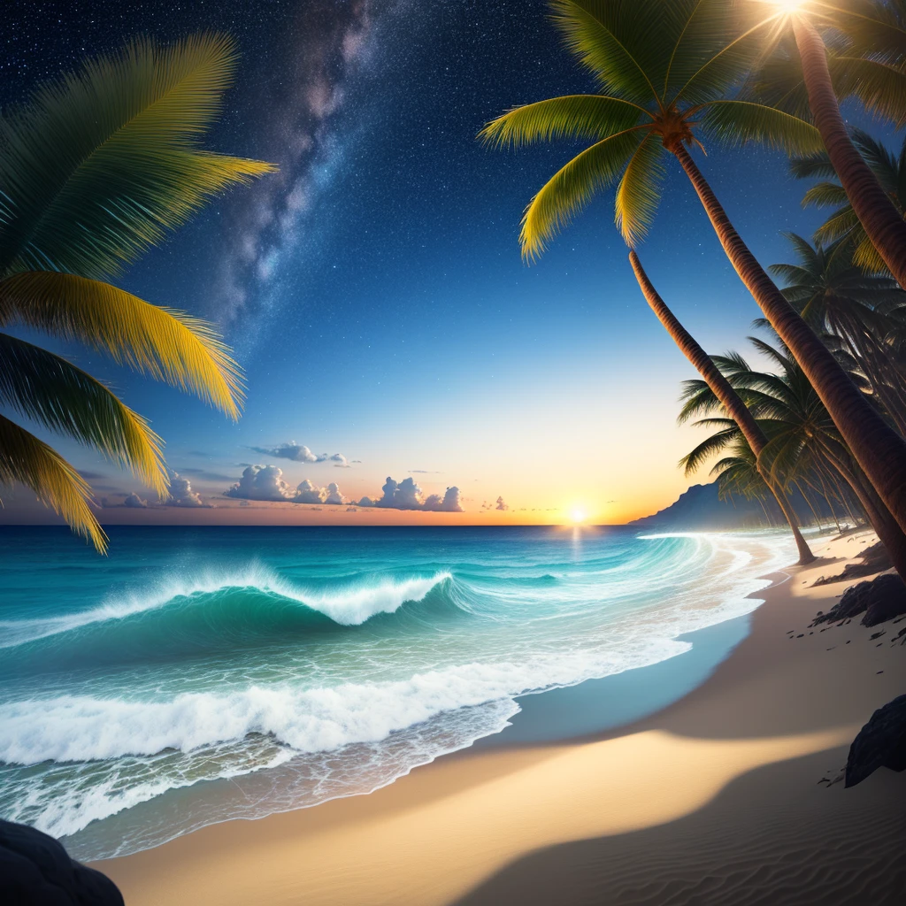 Wave, Sandy Beach, Palm tree, Starry Sky
