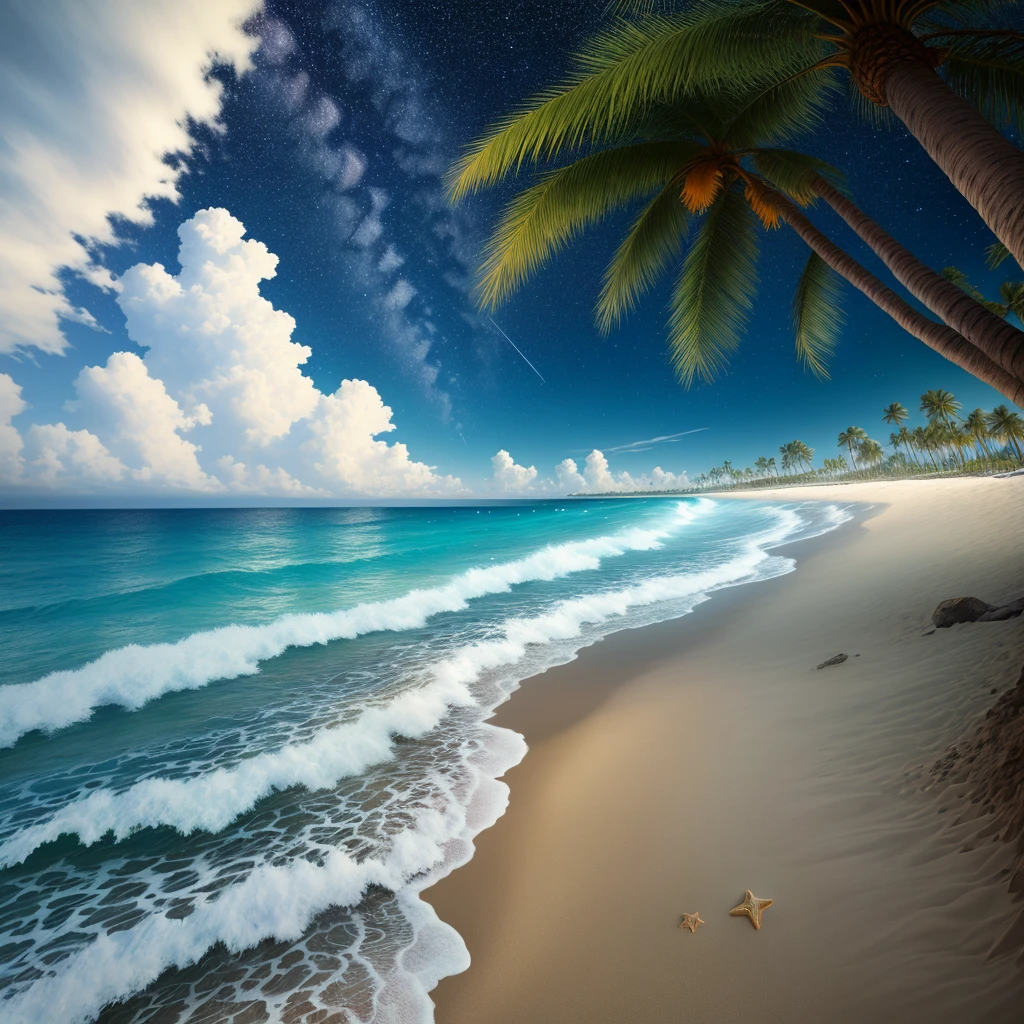 Wave, Sandy Beach, Palm tree, Starry Sky