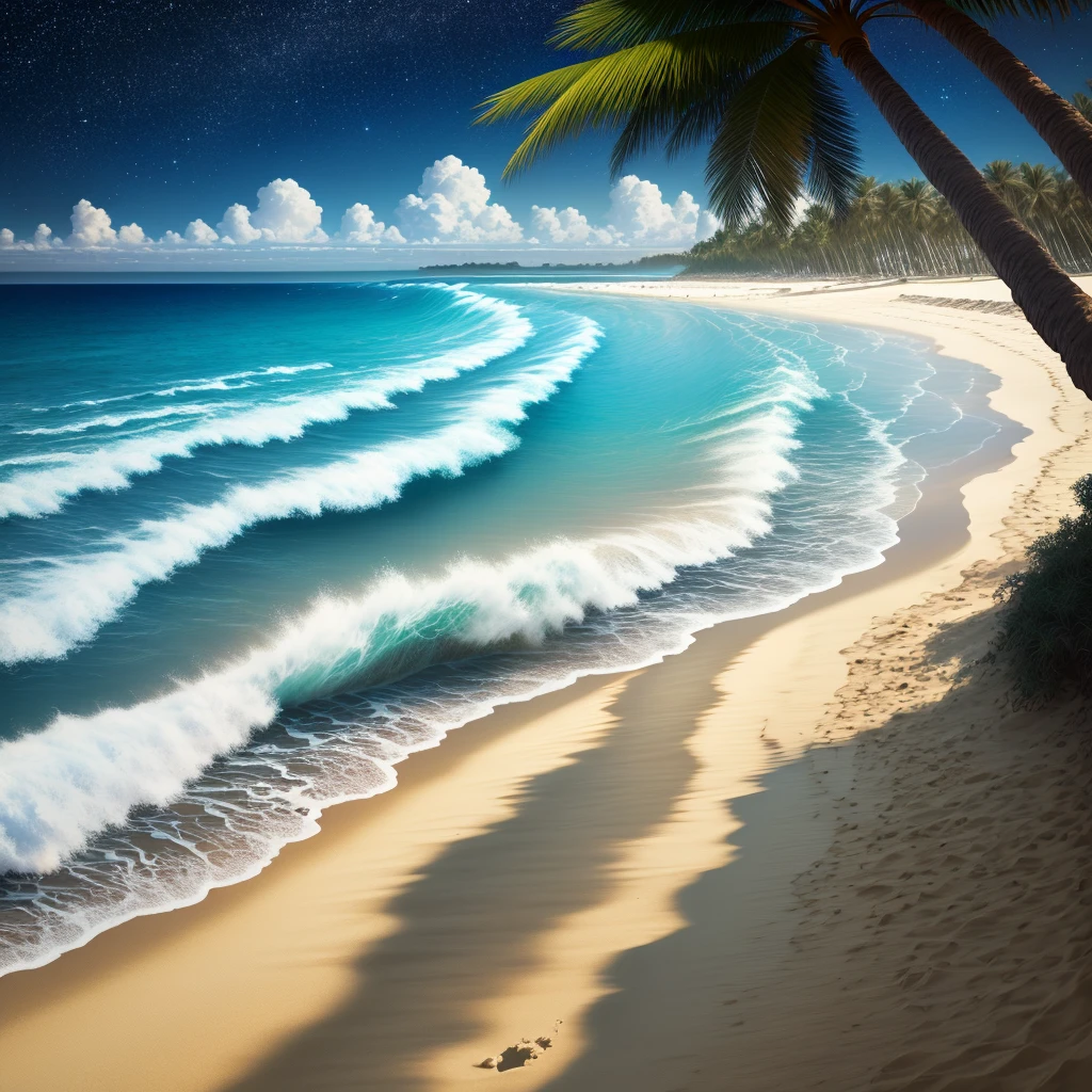 Wave, Sandy Beach, Palm tree, Starry Sky