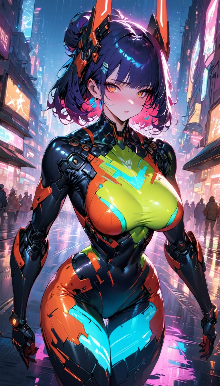 best quality,4k,8k, highres, masterpiece:1.2), extremely detailed eyes, extremely detailed body, (large masterpiece digital art), (detailed manga illustration), (detailed line art), ((perfect anatomy)), (intricate details:1.3), (ultra-detailed:1.3), (illustration:1.3), (sharp focus:1.3), (natural lighting:1.05), (vivid colors:1.3), (masterpiece), (best quality:1.4), (perfect anatomy:1.4), high quality, expressive eyes, full body, tall girl, detailed face, beautiful face, perfect face, breasts, gloves, large breasts, cyberpunk, (black armor), mystic red armor, short hair, ((pale skin)), messy hair, detailed ((dark blue hair)), (honeydew hair), multicolored hair, two-toned hair, detailed eyes, (amber eyes), hourglass physique, mecha musume, fortified suit, mechanical parts, headgear, robot joints, bodysuit, deva battle suit, gloves, thick thighs, toned, emblem, superhero, dynamic lighting, 4k resolution, dynamic pose, weapon, energy weapon portrait, Jeff Bridges, ((cartoon style)), Marvel Cinematic Universe style, (((alien city in the background))), soft bokeh of futuristic city, Atey Ghailan, Jeremy Mann, Greg Manchess, Antonio Moro, trend in ArtStation, trend in CGSociety, Intricate, High Detail, Sharp focus, dramatic and photorealistic painting art by Midjourney and Greg Rutkowski, bokeh in the background