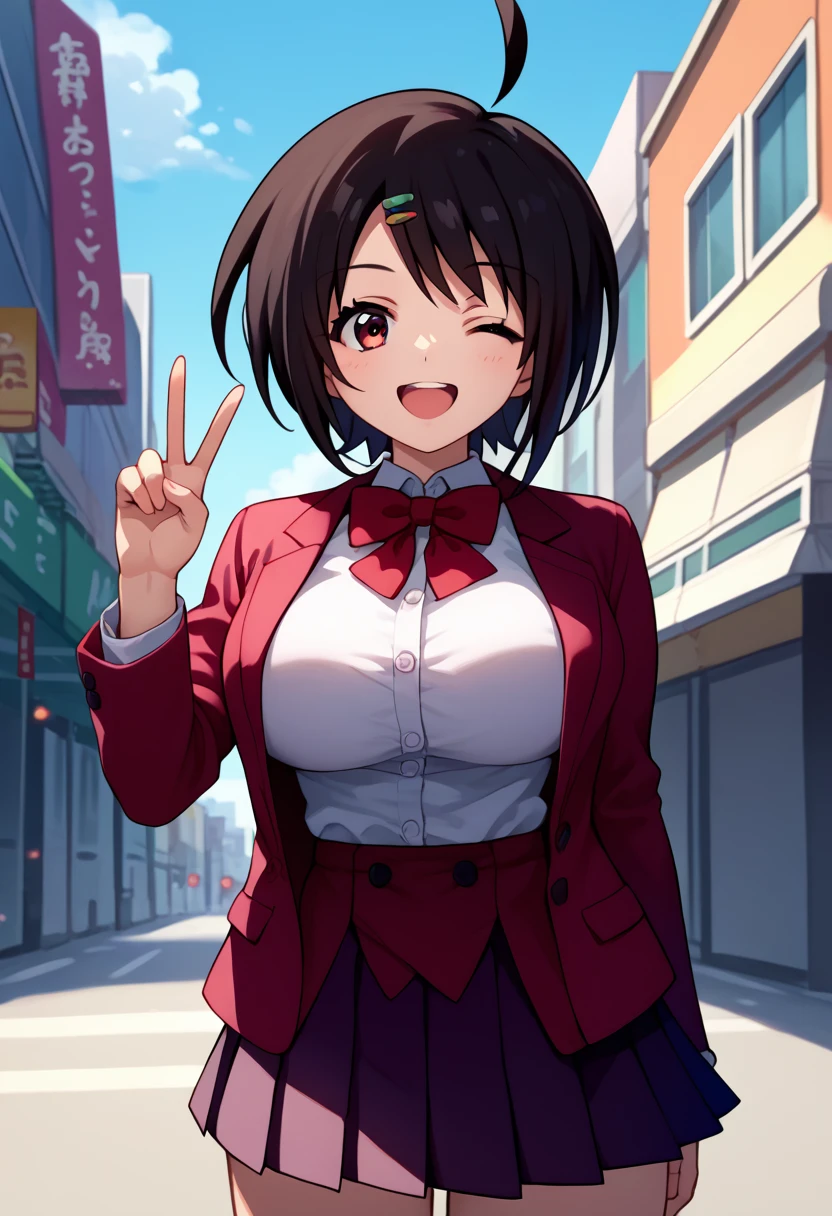 score_9, score_8_up, score_7_up, score_6_up, source_anime, 1girl, solo,sakutomo, black hair, short hair, ahoge, hairclip, maroon blazer, red bowtie, pleated skirt, wink, happy, looking at you, big breasts, blue sky, peace sign, city