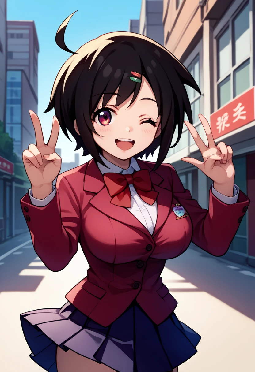 score_9, score_8_up, score_7_up, score_6_up, source_anime, 1girl, solo,sakutomo, black hair, short hair, ahoge, hairclip, maroon blazer, red bowtie, pleated skirt, wink, happy, looking at you, big breasts, blue sky, peace sign, city