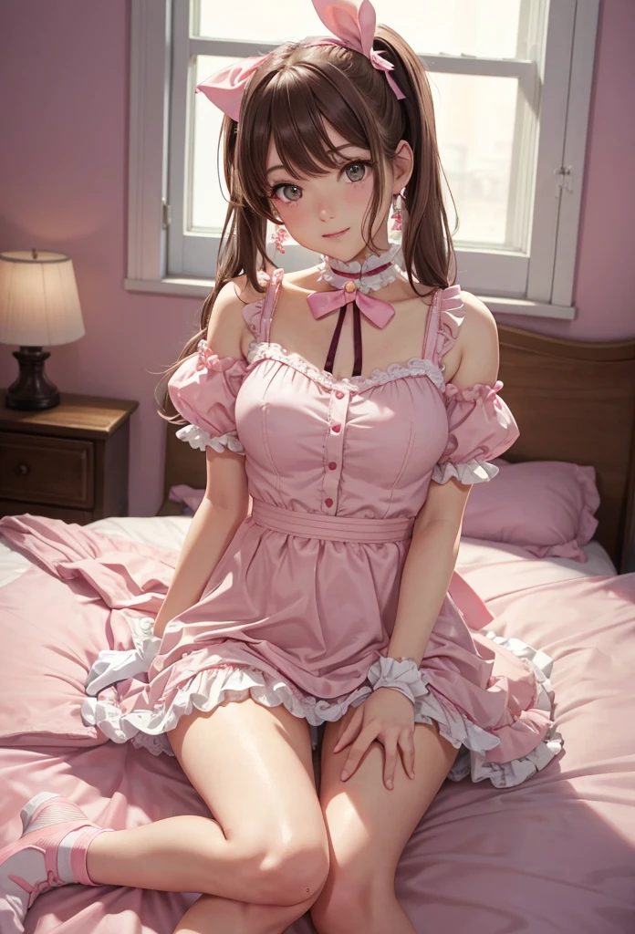 A beautiful ta girl sitting on the bed with her legs open, anime girl, in the room, home interior, pastel pink loliress, short sleeves, a pair of short socks, choker with a bow, short white gloves, lolita s fashion, white panties, dark brown hair, long wavy hair, two pigtails, swept bangs, hair ribbon, aqua eyes, bright eyes and pupils, pink lips, glossy lips, blush, earrings, big round breasts, thin waist, perfect arms, defined thighs, thin legs, raised knees, legs open, looking at the viewer, flirty smile, shows her panties, I can see your panties, upskirt, masterpiece, high definition, natural light, high detail, anime, dithering, image fill, perspective, Wide-Angle, f/1.8, 85mm, Sony FE GM, 8k, 8k wallpaper, super detail, highly detailed CG, UHD, retina, masterpiece, accurate, anatomically correct, textured skin, highres, best quality:1.3, 16k
