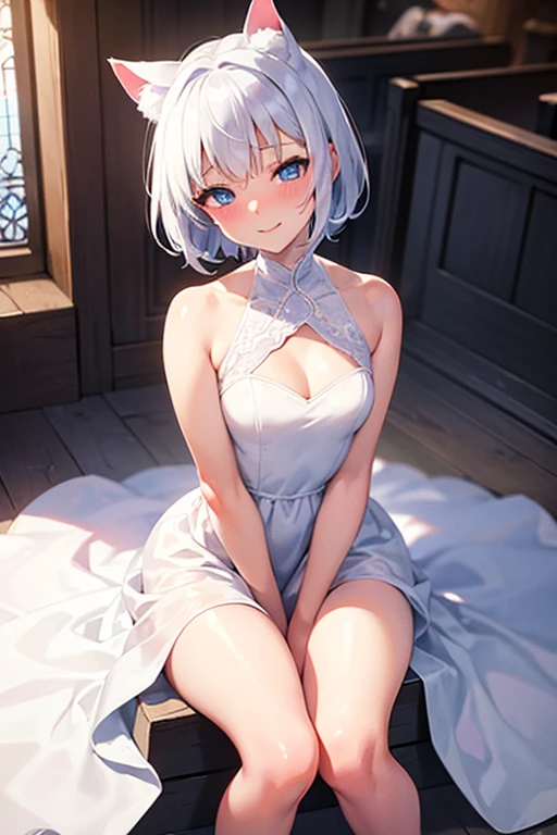 White cat ear girl,Short Hair,Blue Eyes,Wedding dress,church,Blushing,Gazing at you,ring,little smile,masterpiece,super detailed,best quality,shiny skin,closed eyes,sitting on toilet,