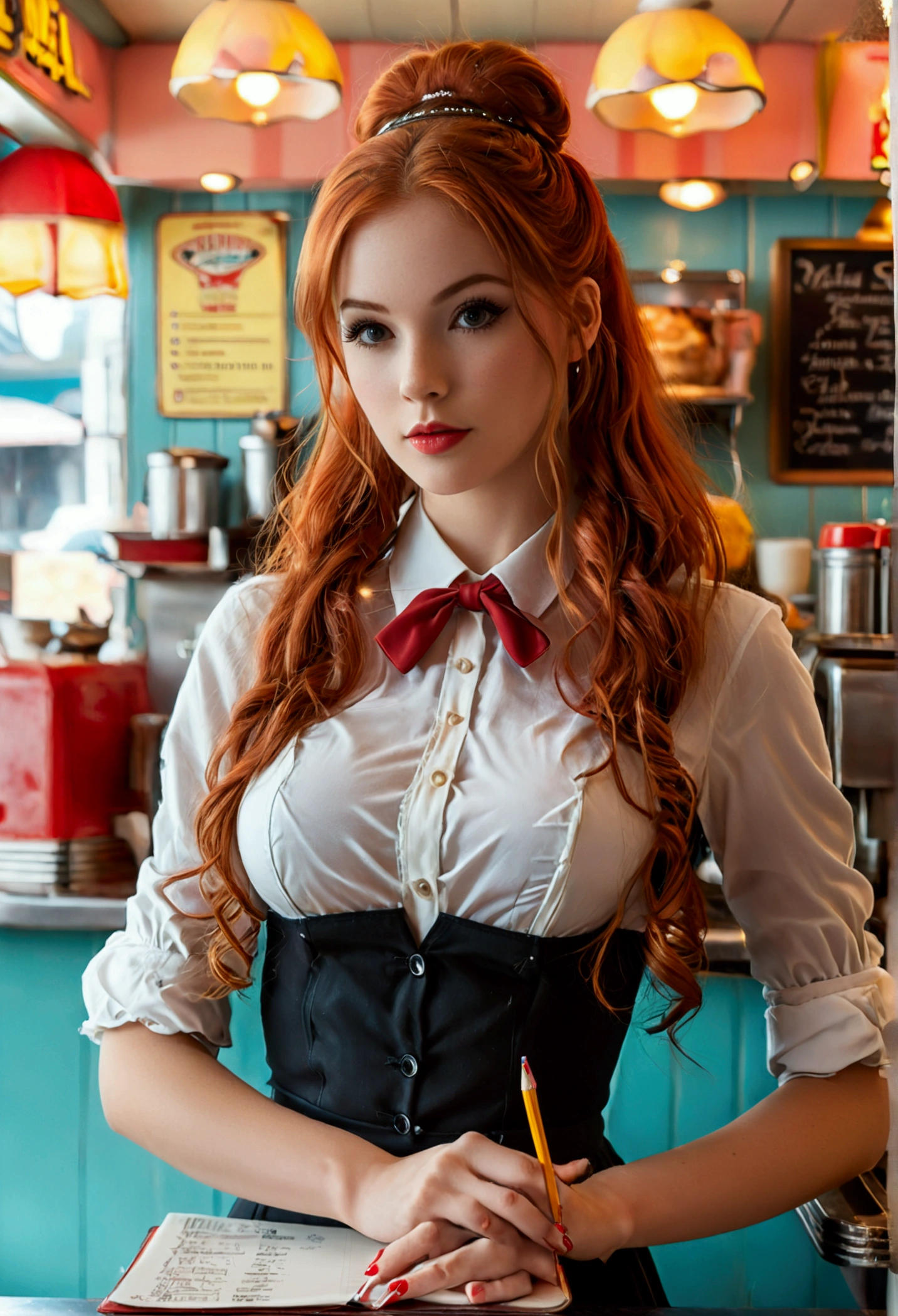 ultra realistic, photography, long red hair, girl, 24 years old, hourglass figure, perfect body, Flirty look, natural breasts, blur background, working at a 60s diner, standing at the counter, waitress outfit, hair in a bun, notepad and pencil in her hands