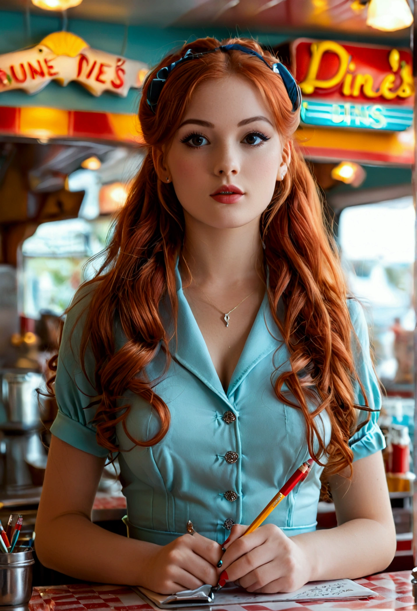 ultra realistic, photography, long red hair, girl, 24 years old, hourglass figure, perfect body, Flirty look, natural breasts, blur background, working at a 60s diner, standing at the counter, waitress outfit, hair in a bun, notepad and pencil in her hands