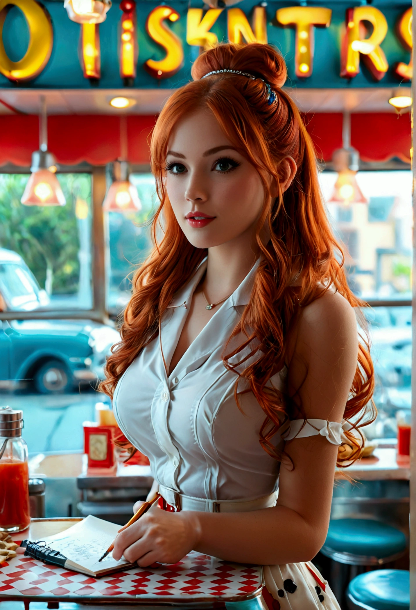 ultra realistic, photography, long red hair, girl, 24 years old, hourglass figure, perfect body, Flirty look, natural breasts, blur background, working at a 60s diner, standing at the counter, waitress outfit, hair in a bun, notepad and pencil in her hands