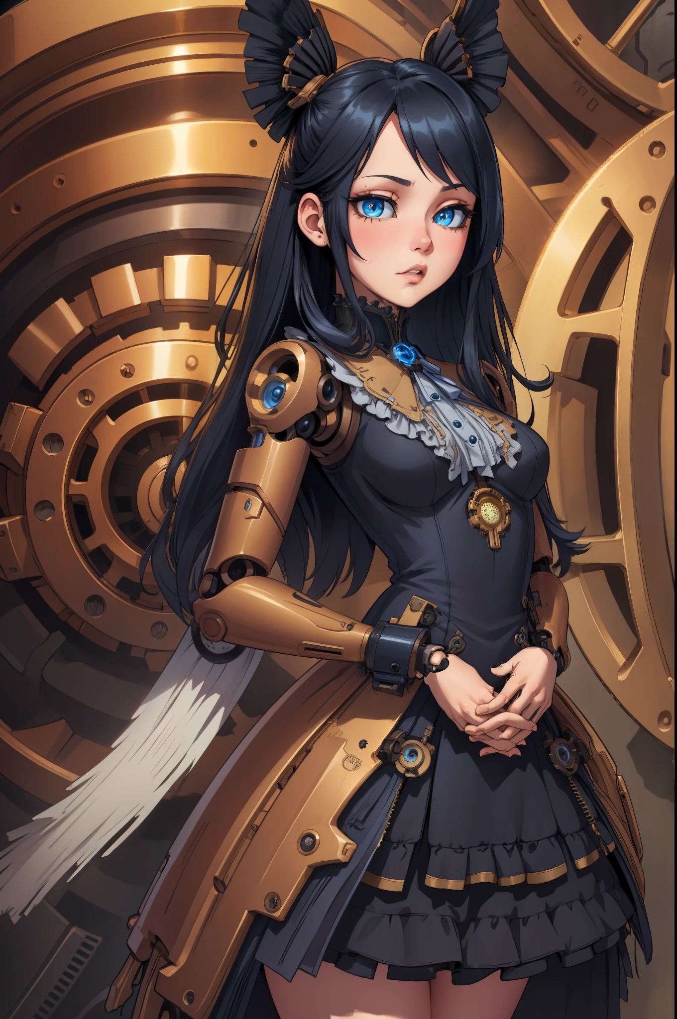 Doll Joints, (extremely detailed CG unity 4k wallpaper),(masterpiece),(best quality),(ultra-detailed),(best illustration),(best shadow),(absurdres),(Detailed background), Gynoid, Hands clasped, LED Blue eyes, Long black hair (Hime), Slim, Steampunk dress, small bust, Robot,
