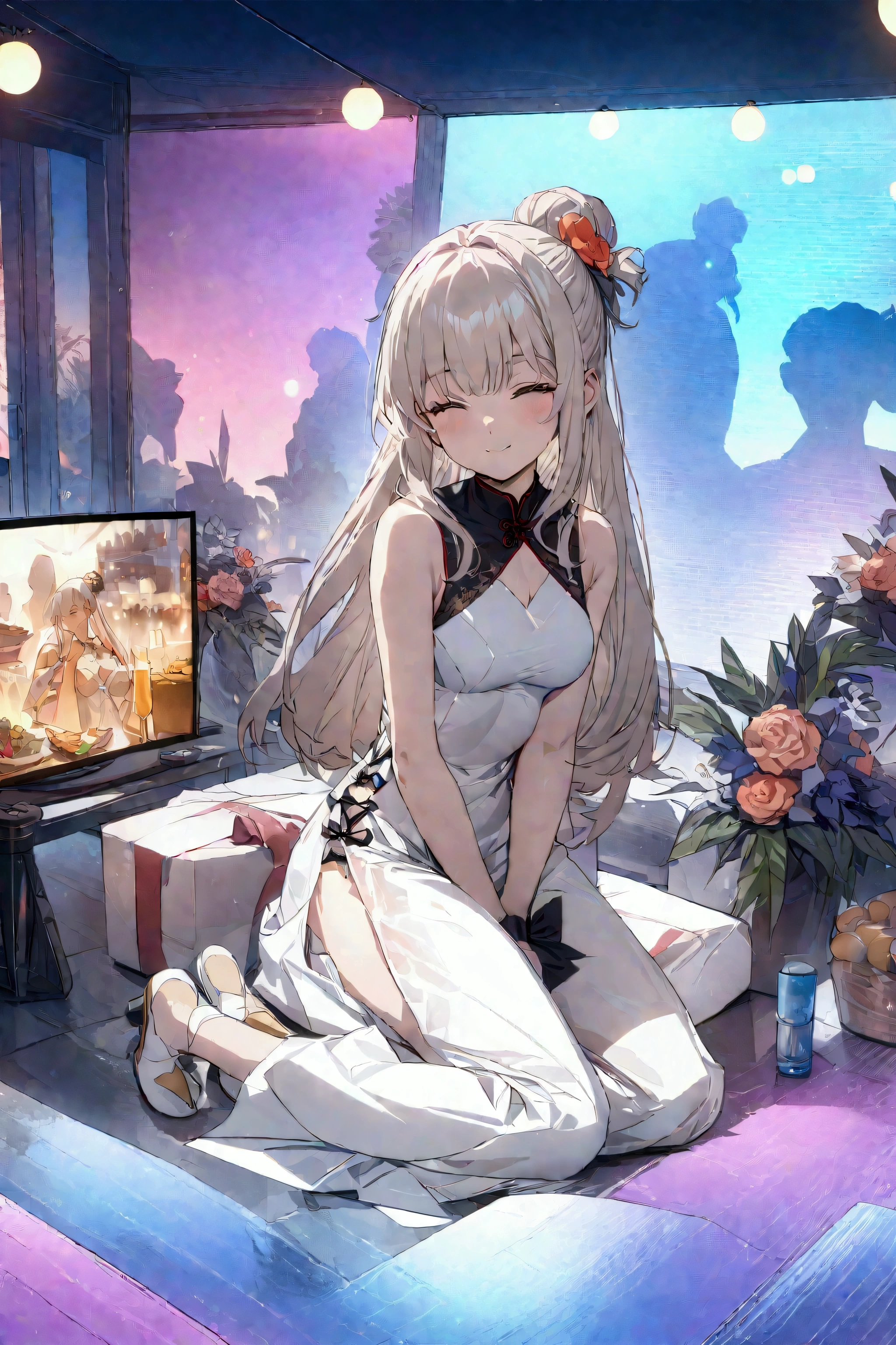 (best quality,8K,high resolution, masterpiece:1.2), (Anime style),Extremely detailed, HDR, Ultra HD, Studio Lighting, Super Fine, Clear focus, Physically Based Rendering, Extremely detailed的描述, professional, Bright colors, Bokeh, portrait, Concept Artist, Warm colors, Dramatic Lighting,Summer Night Out,1. Beautiful woman,(Sleeveless cheongsam),Hair Bun, A bright smile, Close your eyes, (Summer city landscape with many festivals and markets),(Beautiful hair, Radiant Skin,)(Silhouette of people passing by),(Anime style)