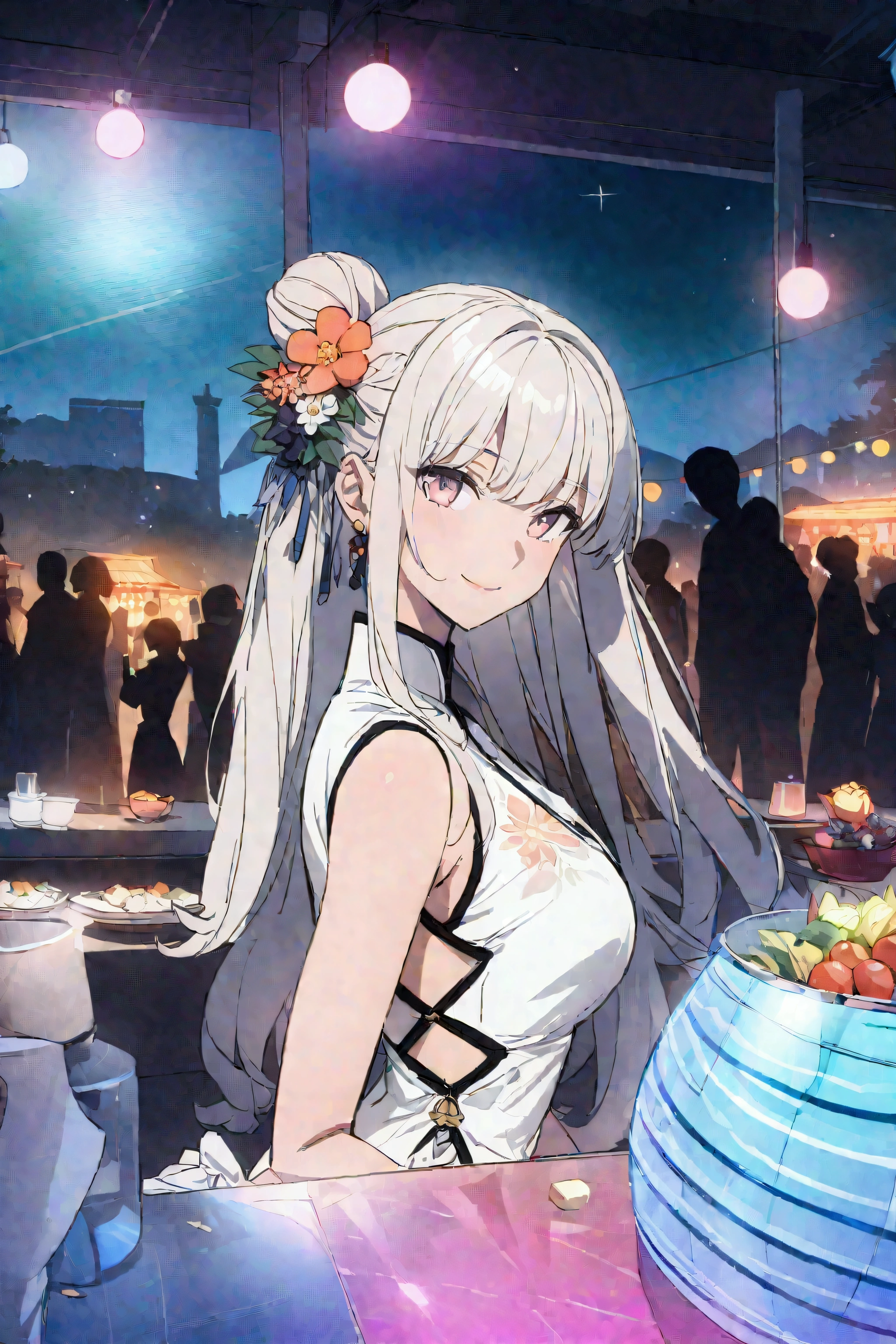 (best quality,8K,high resolution, masterpiece:1.2), (Anime style),Extremely detailed, HDR, Ultra HD, Studio Lighting, Super Fine, Clear focus, Physically Based Rendering, Extremely detailed的描述, professional, Bright colors, Bokeh, portrait, Concept Artist, Warm colors, Dramatic Lighting,Summer Night Out,1. Beautiful woman,(Sleeveless cheongsam),Hair Bun, A bright smile, Close your eyes, (Summer city landscape with many festivals and markets),(Beautiful hair, Radiant Skin,)(Silhouette of people passing by),(Anime style)
