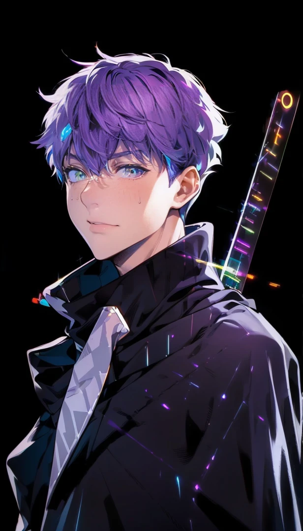 realistic,shiny,reflective,bioluminic, galactic cybernetic mask,mecha,(assassin:1.2),((((scarf,long cloak)))),sh4g0d,GlowingRunes_red,fullbody,cinemnatic,dark background,backlight,high contrast, ((Yellow and Purple eyes)) ((Purple Hair))